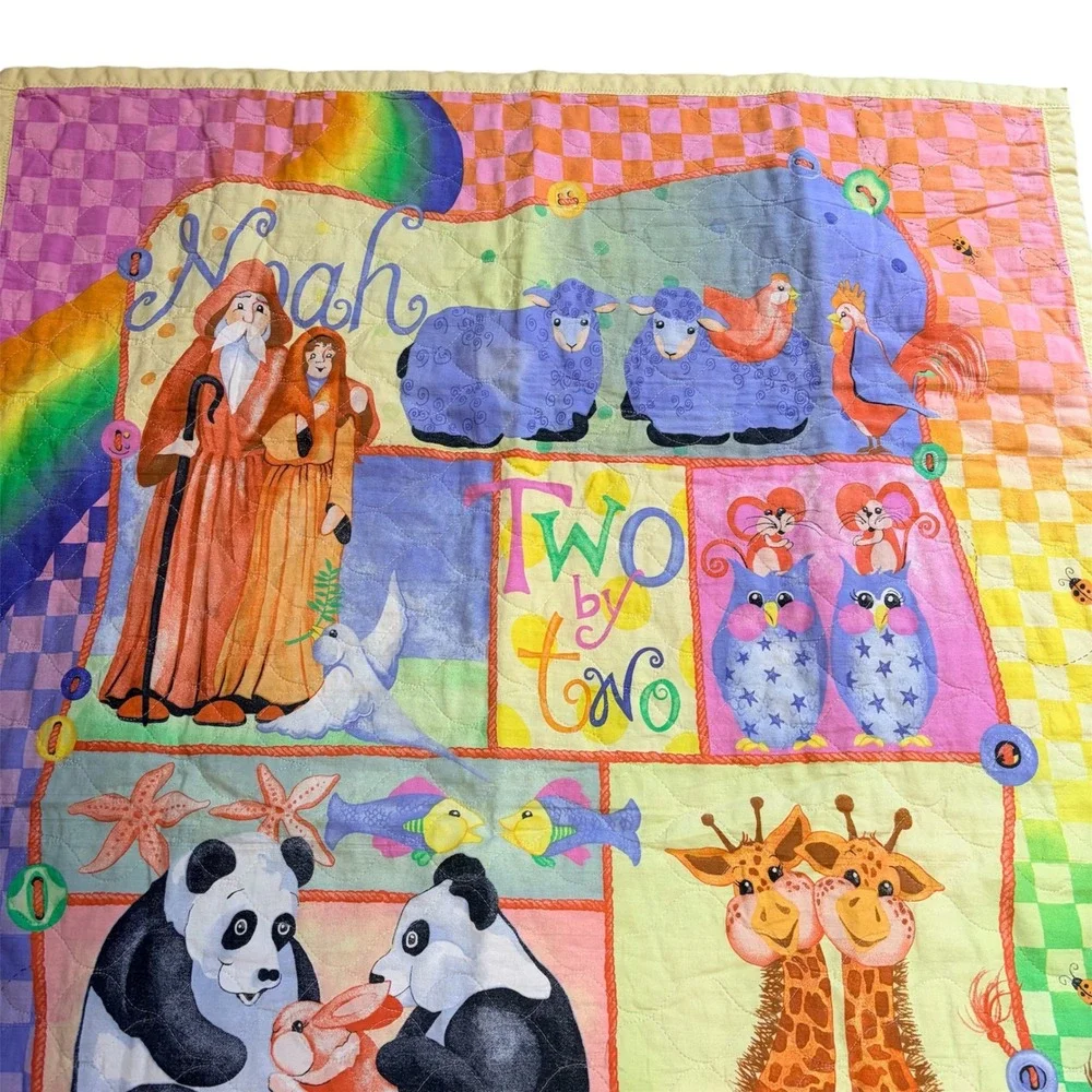Vtg Noahs Ark Baby Quilt Rainbow Animal Nursery Blanket Retro 90s Hanging 43x32